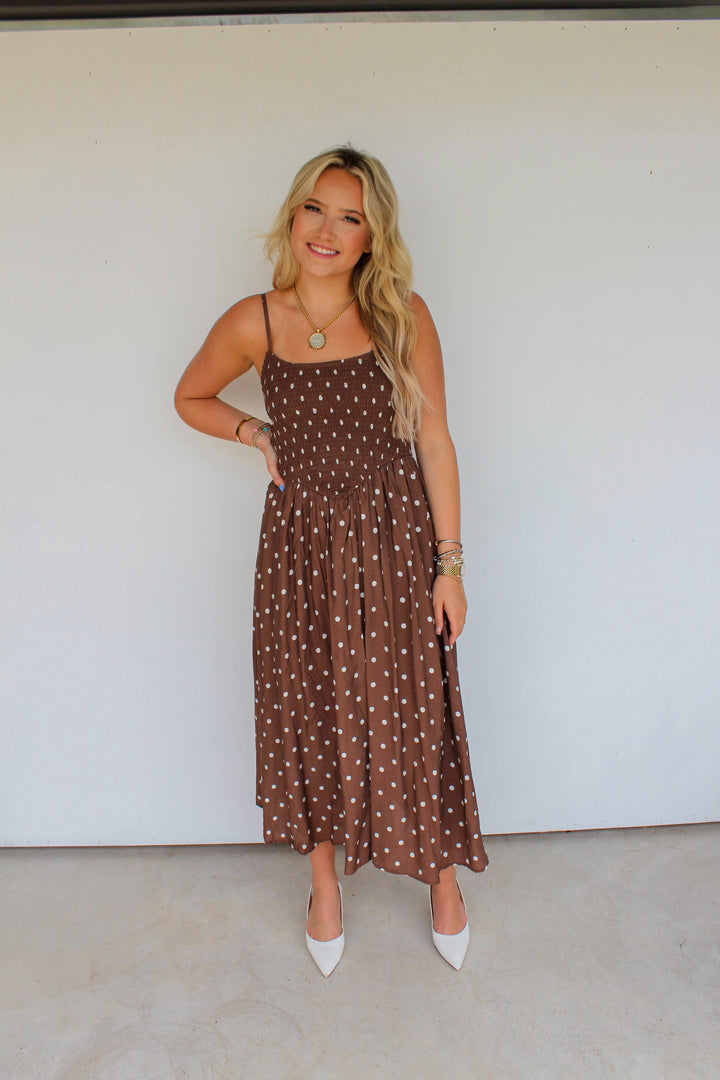 Polka Dot Smocked Midi Dress in Brown