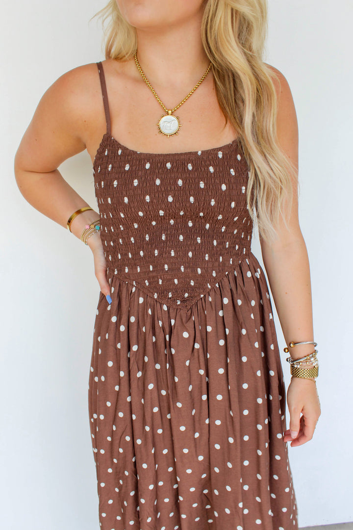 Polka Dot Smocked Midi Dress in Brown