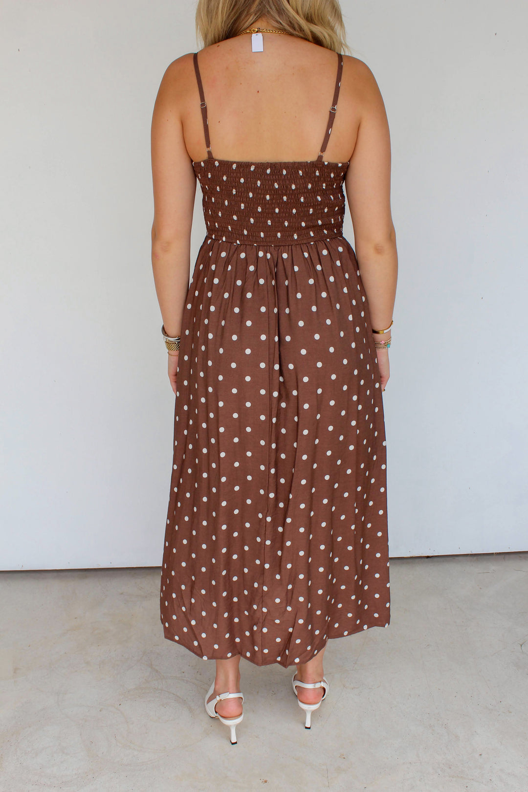 Polka Dot Smocked Midi Dress in Brown
