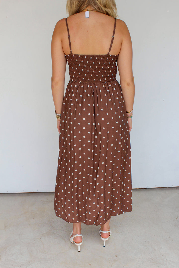 Polka Dot Smocked Midi Dress in Brown