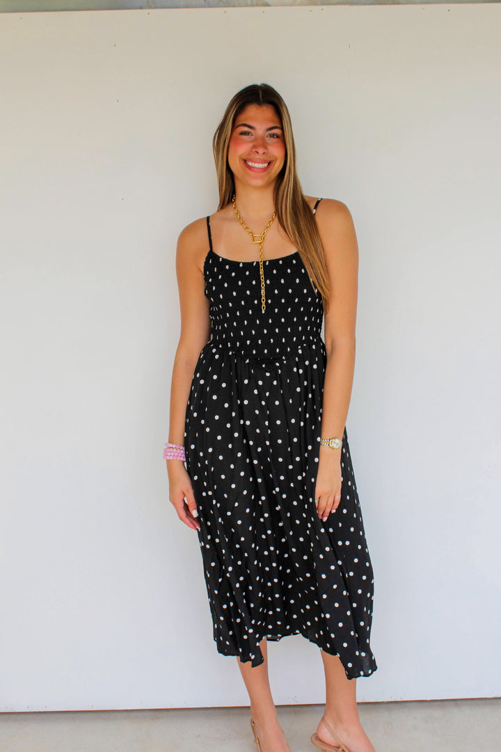 Polka Dot Smocked Midi Dress in Black