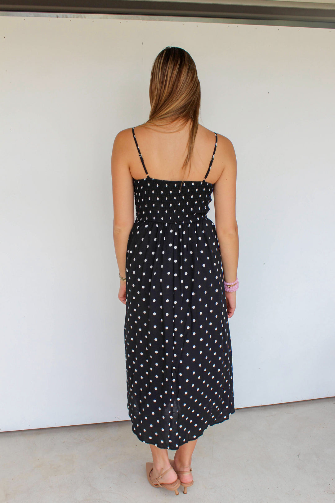 Polka Dot Smocked Midi Dress in Black
