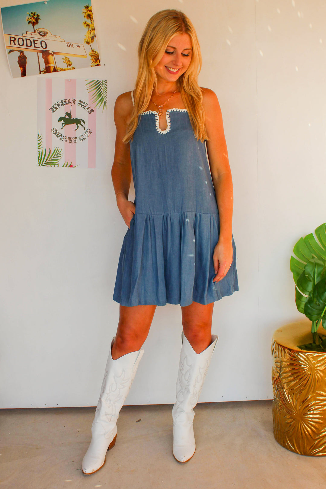 denim dress with white stitch detail