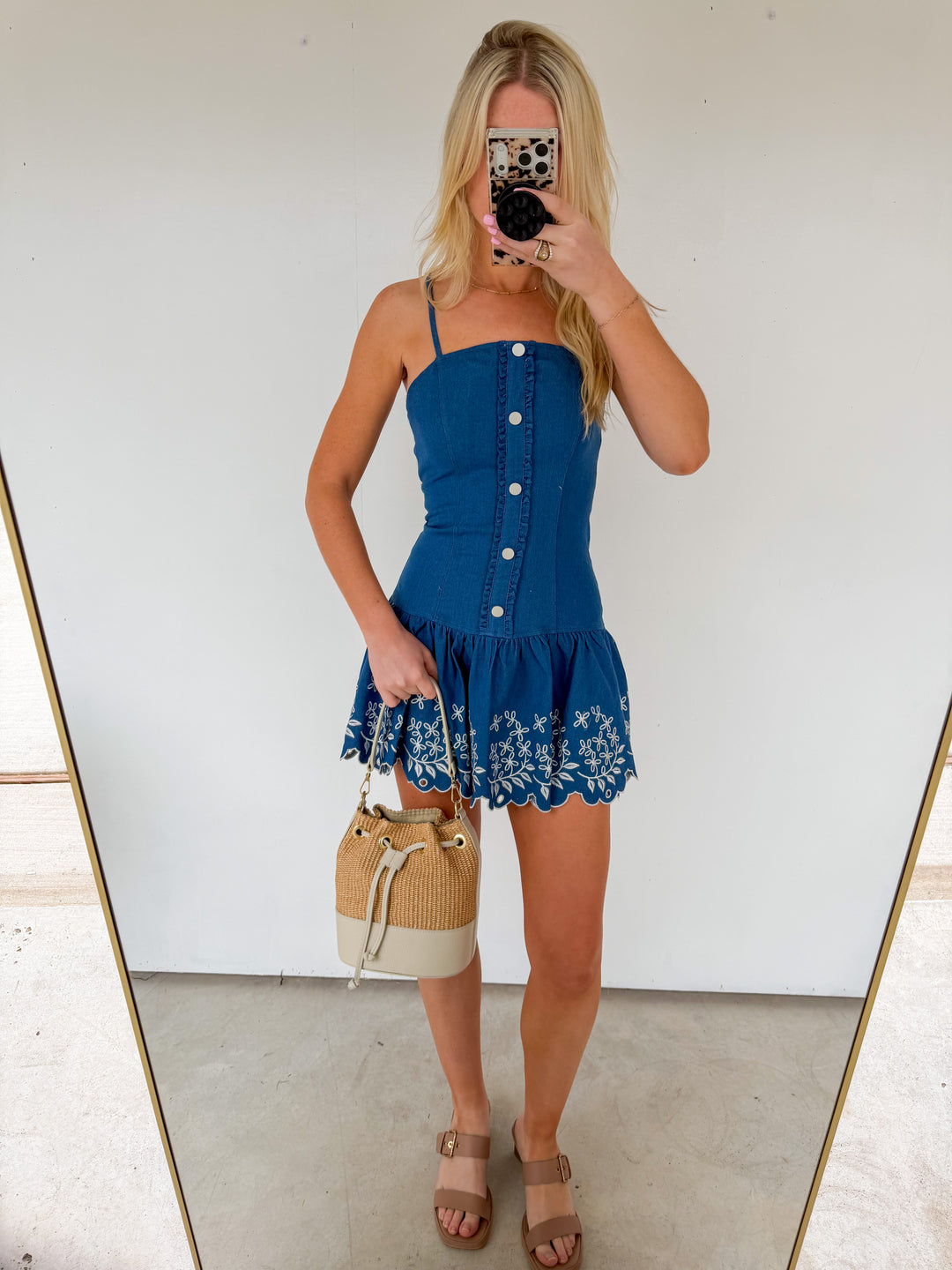 Denim Dress with White Embroidery