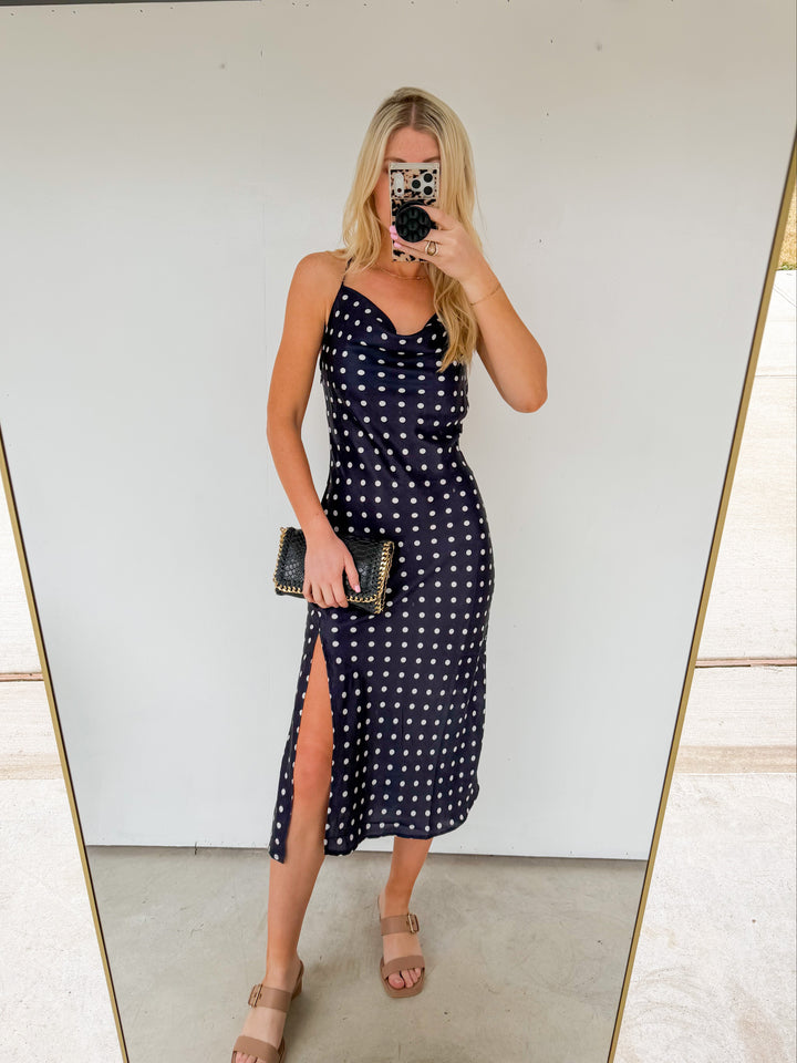 Polka Dot Cowl Neck Midi Dress