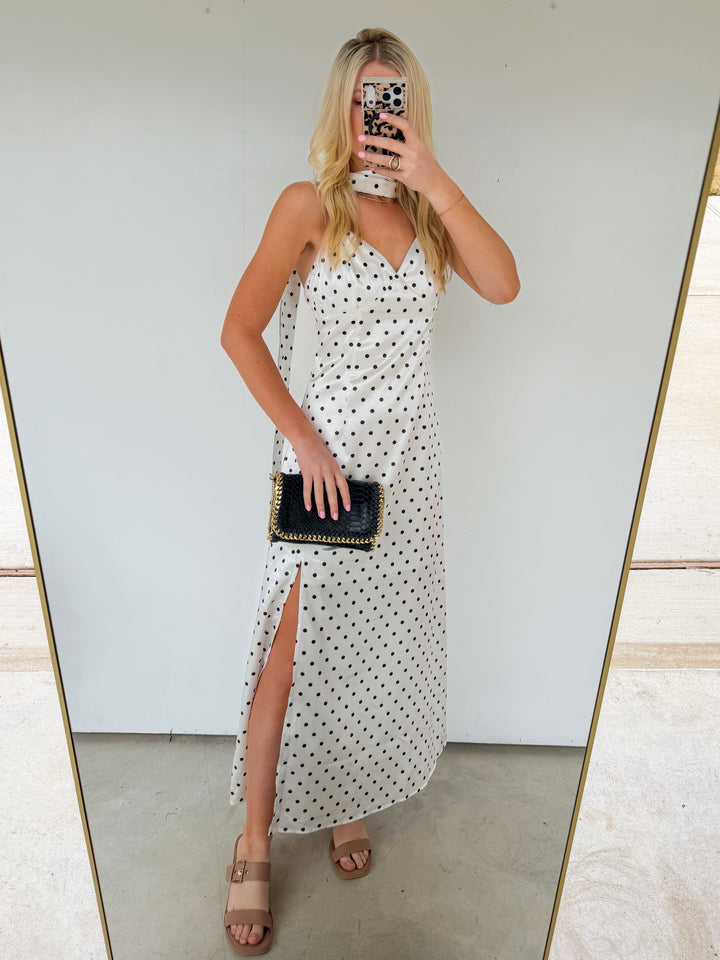 White Polka Dot Maxi Dress with Scarf