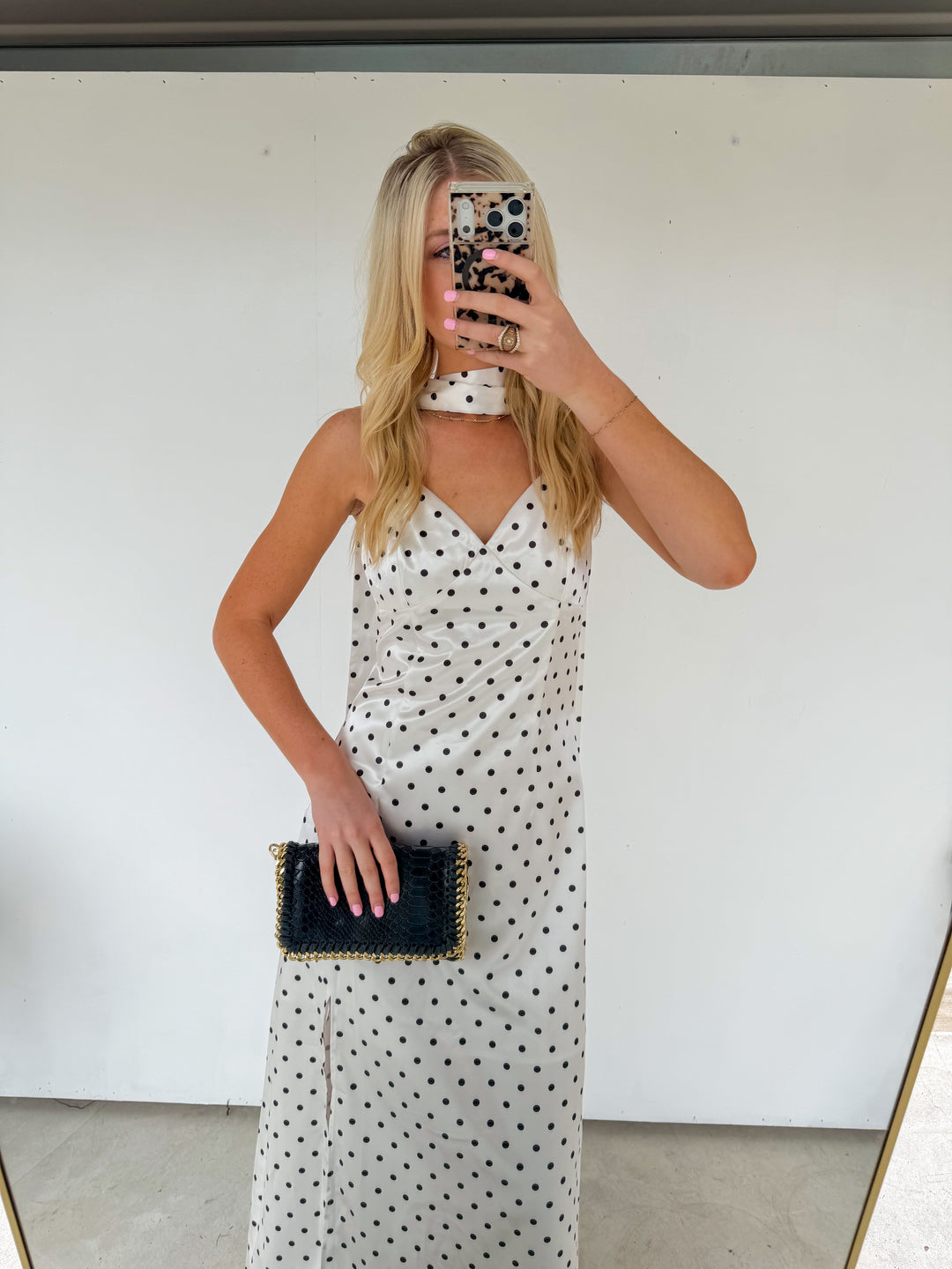 White Polka Dot Maxi Dress with Scarf