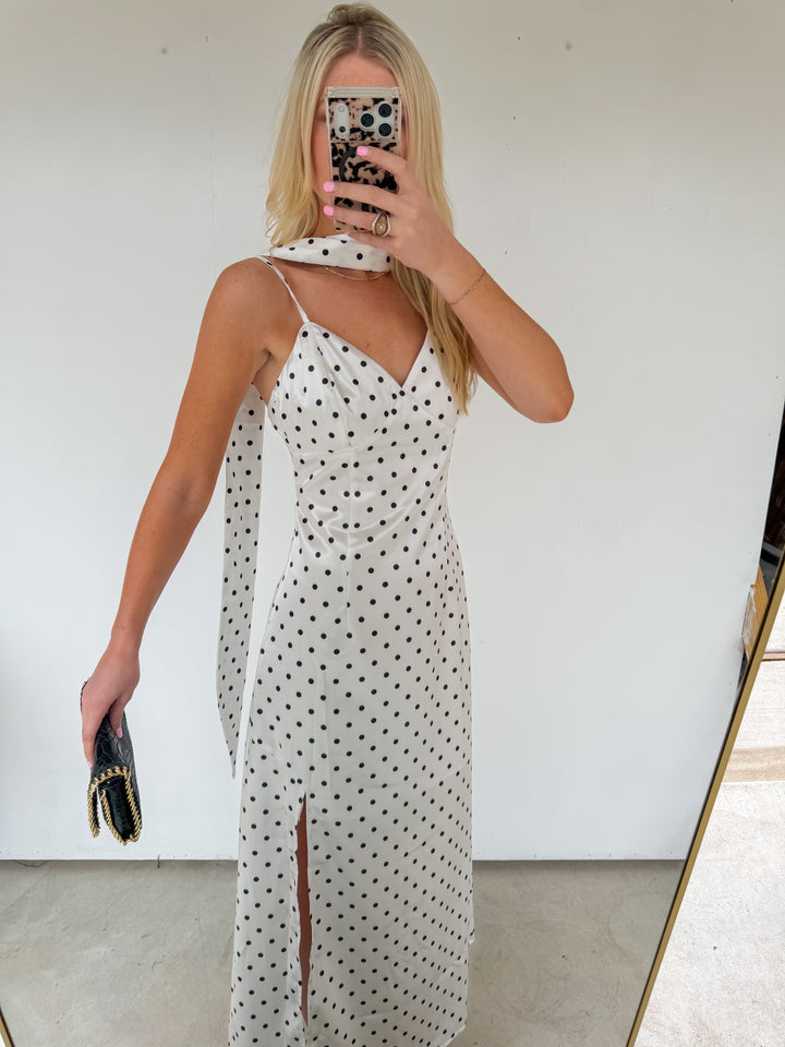 White Polka Dot Maxi Dress with Scarf