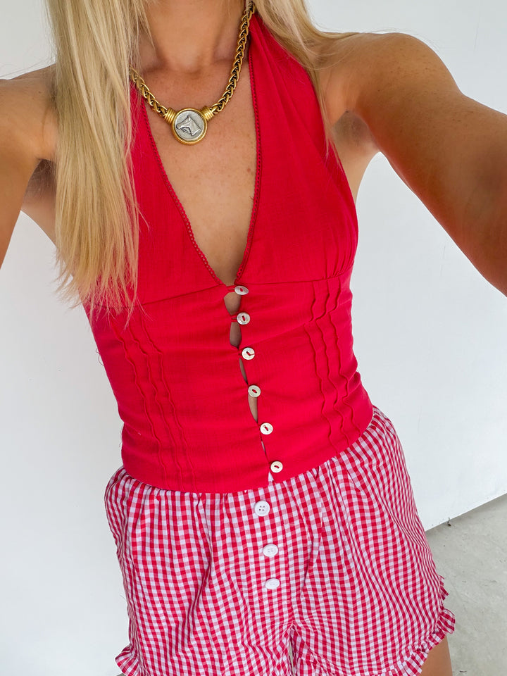 Button Down Halter Top in Red