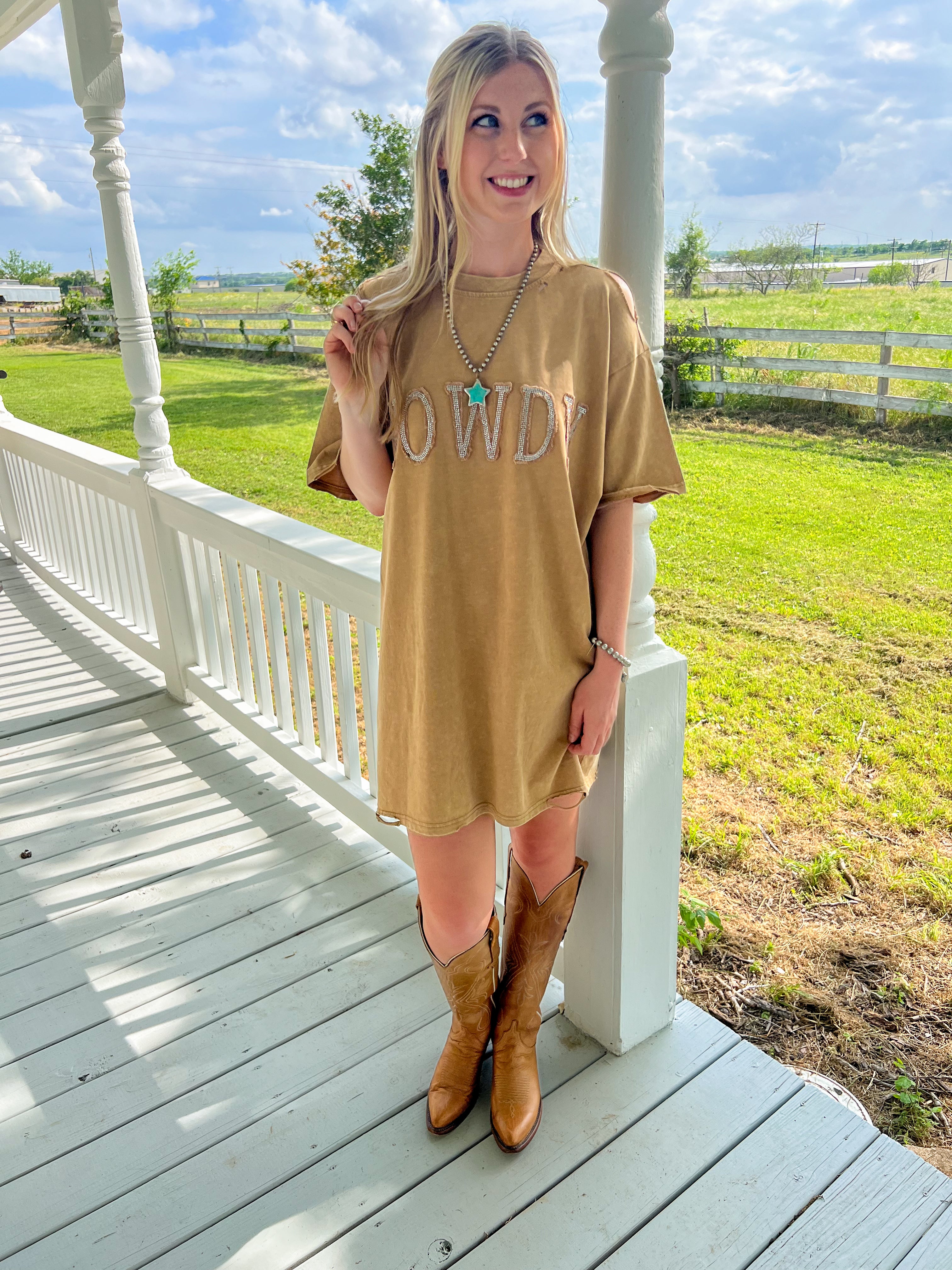 Howdy Tan Distressed T-Shirt Dress - JD Ranch Boutique