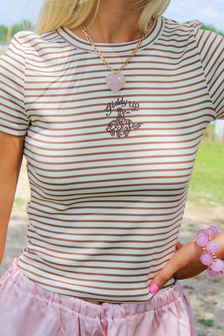 Giddy Up Embroidered Striped Fitted Tee