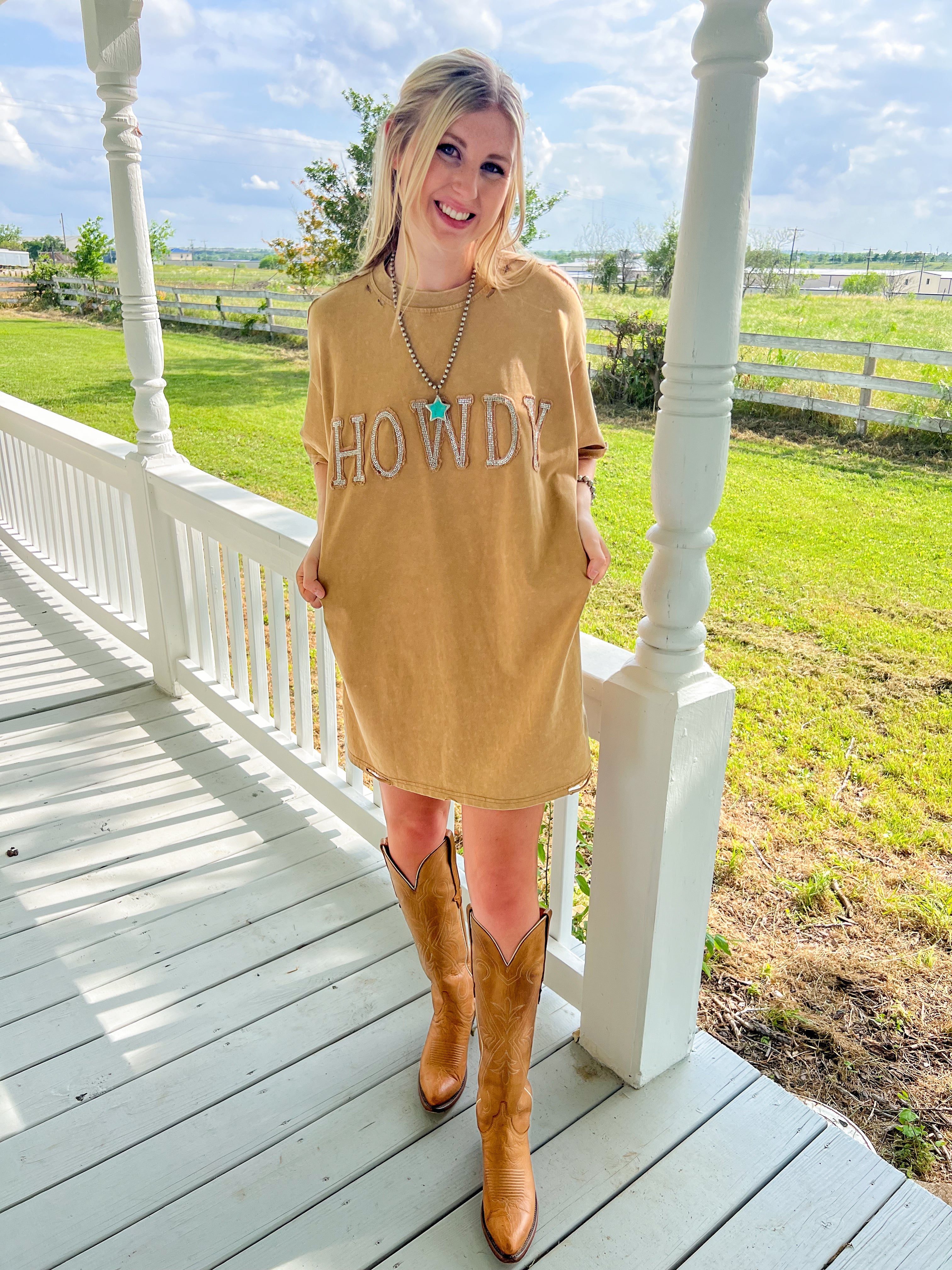 Howdy Tan Distressed T-Shirt Dress - JD Ranch Boutique