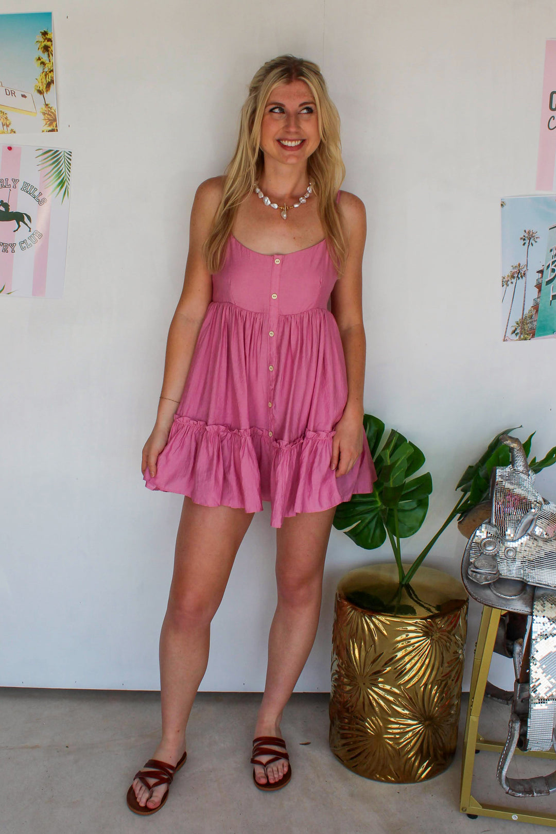 pink button down dress