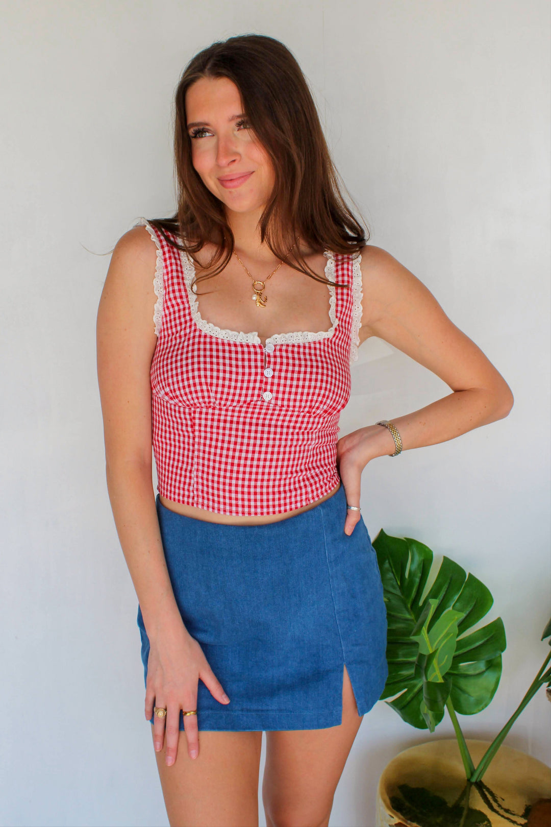 Red Gingham Lace Trim Tank