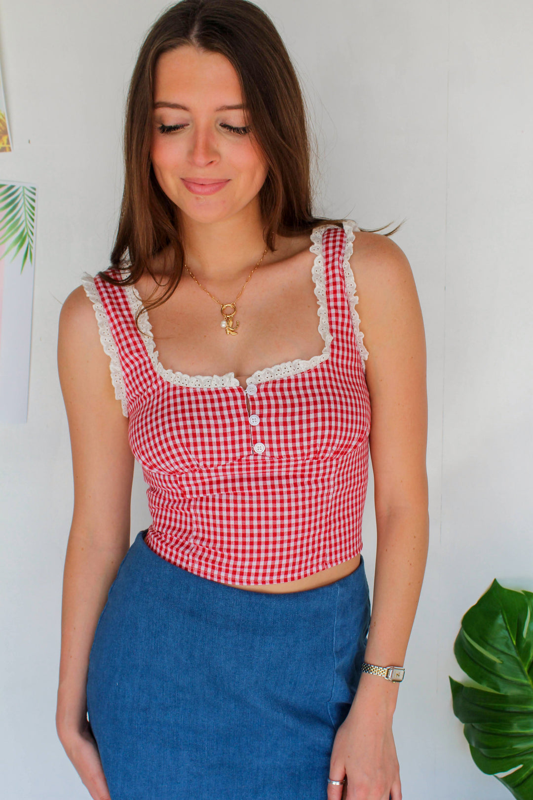 Red Gingham Lace Trim Tank