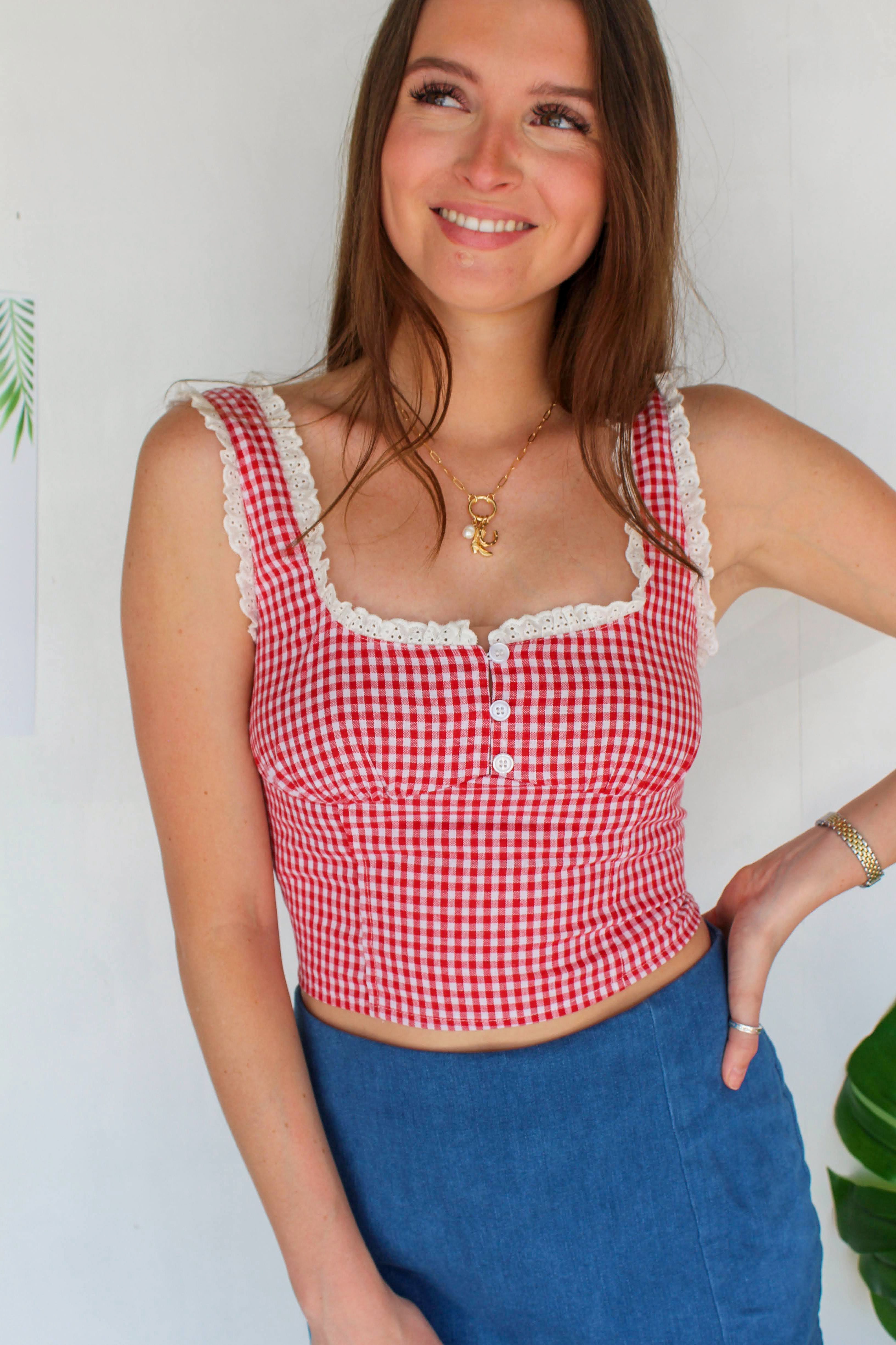 Red Gingham Lace Trim Tank