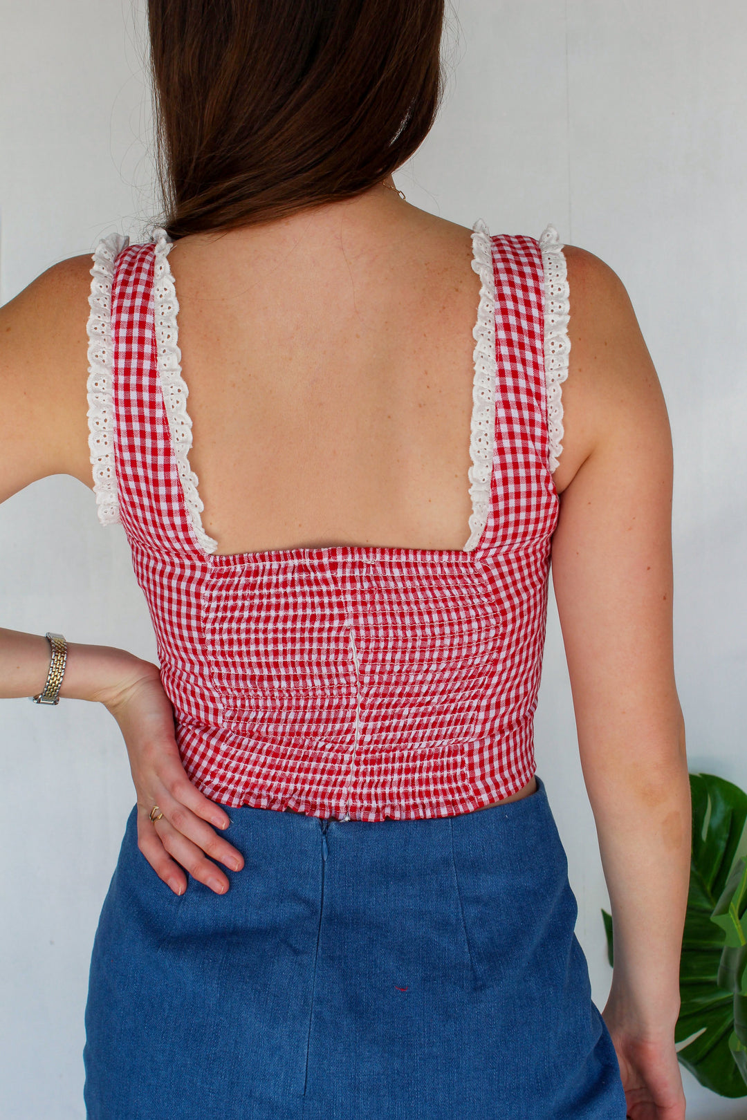 Red Gingham Lace Trim Tank