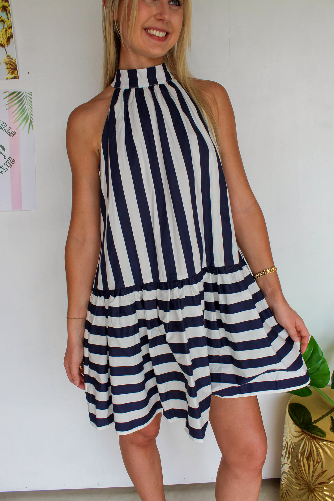 navy and white striped dress