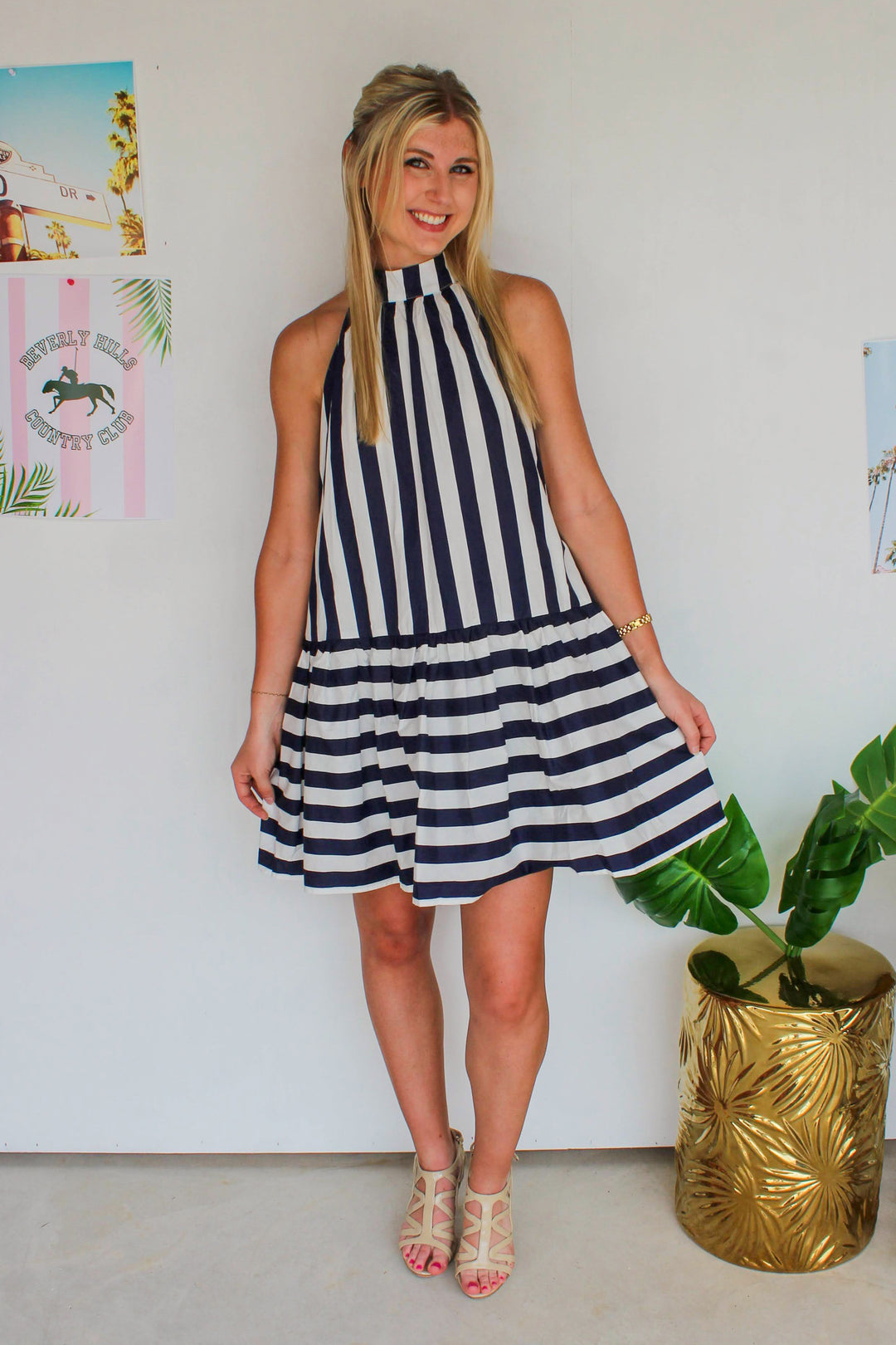 navy and white striped dress