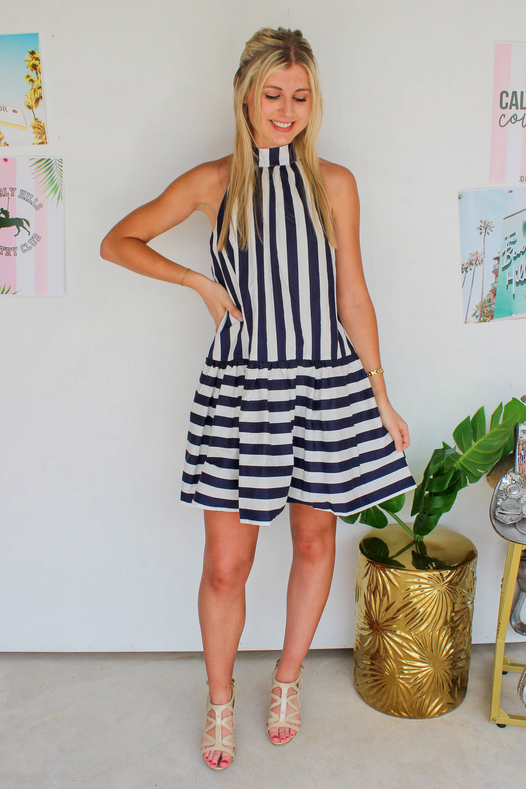 navy and white striped dress