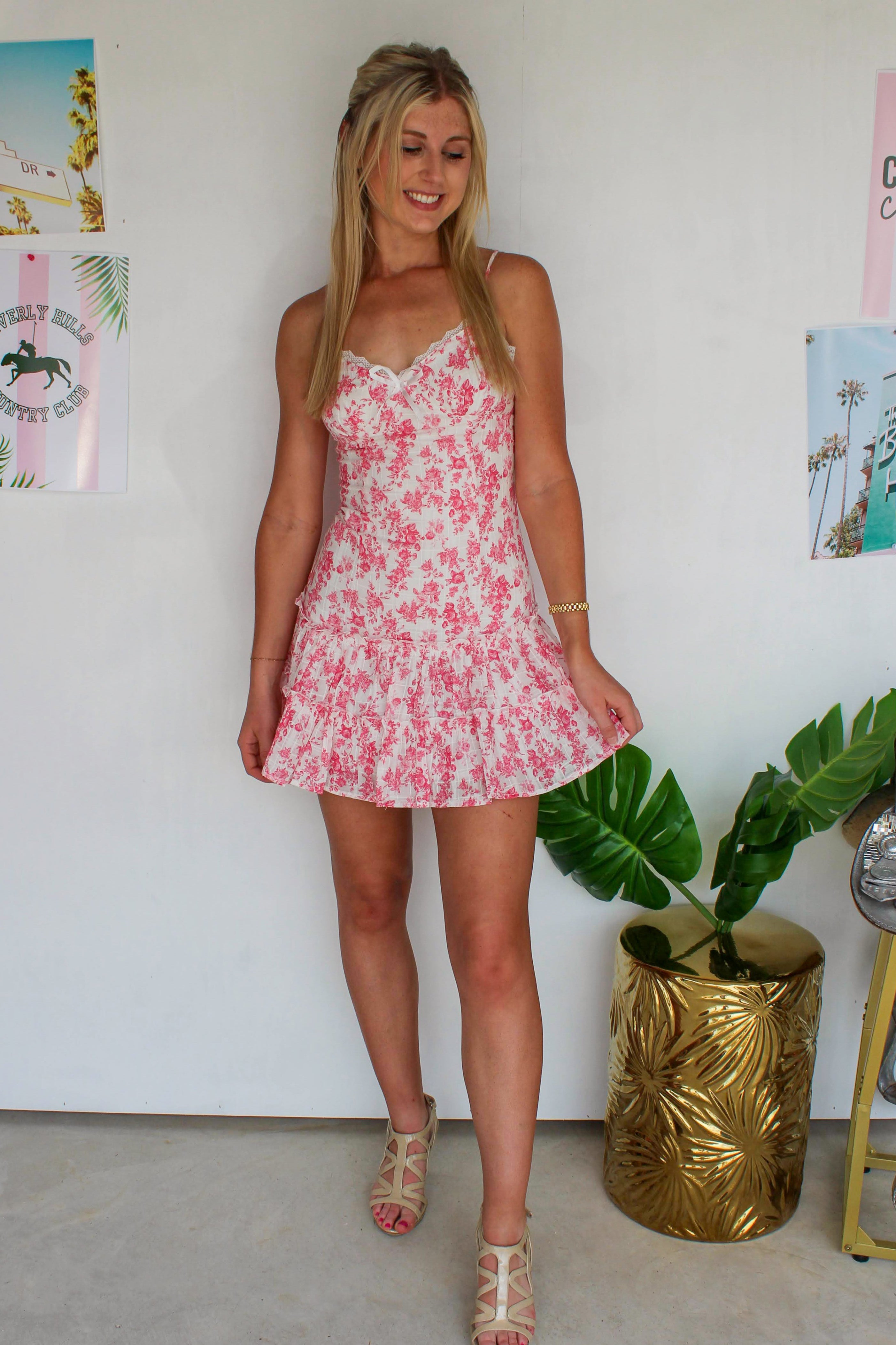 pink floral mini dress