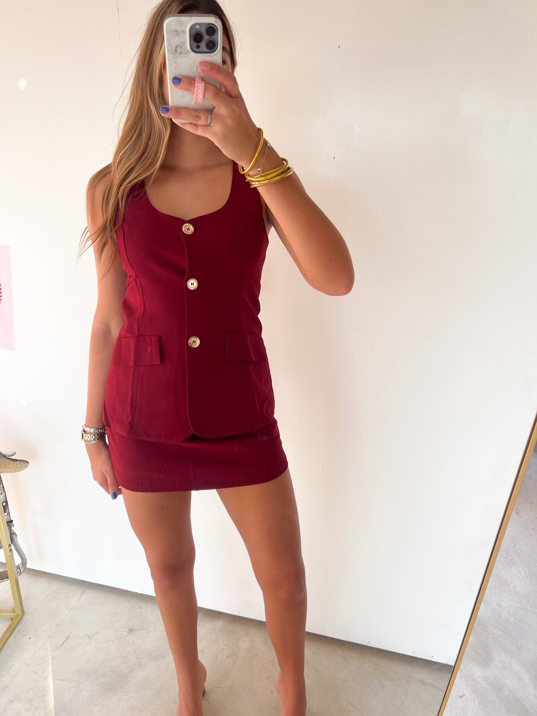 Maroon Button Down Vest Set