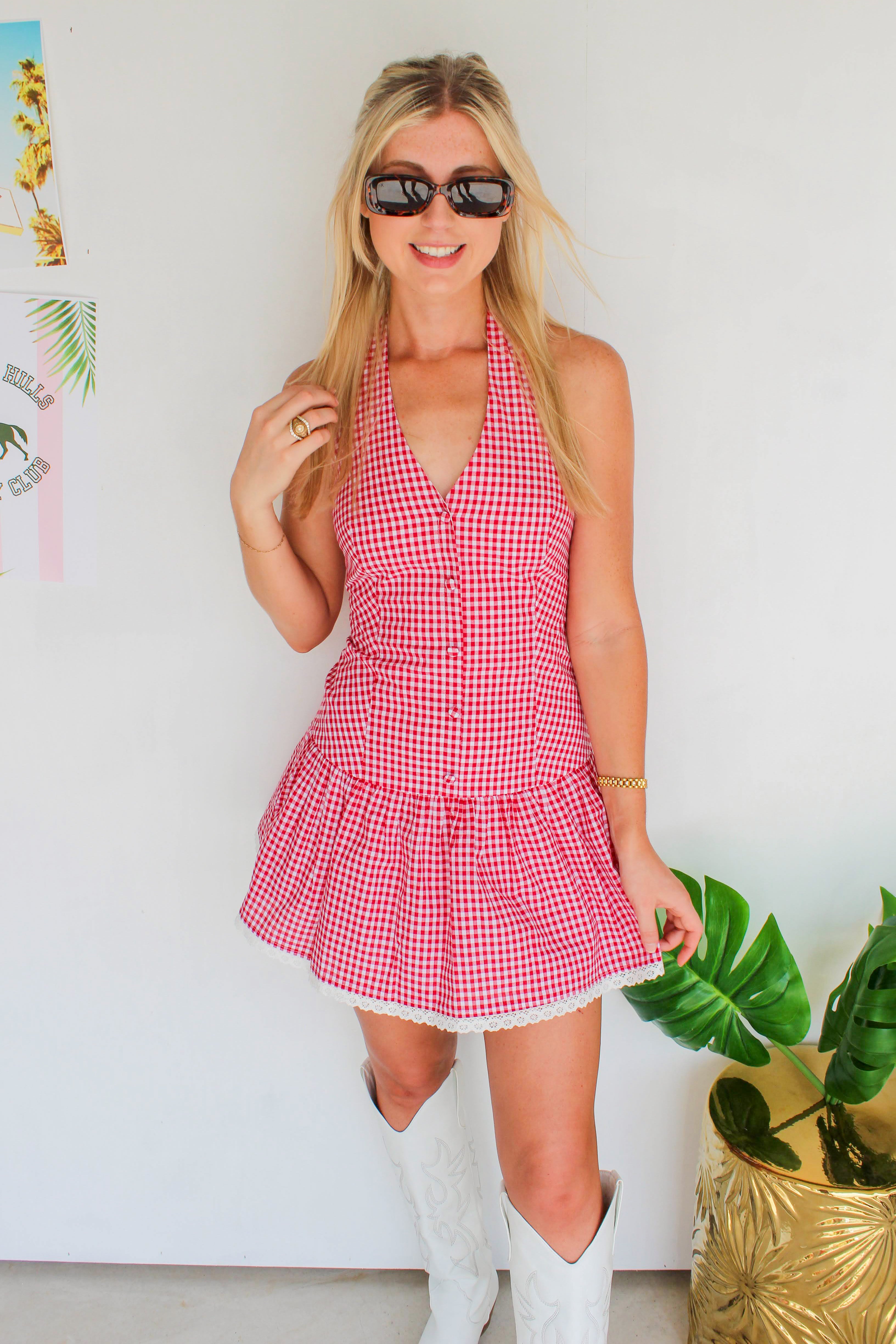 red gingham halter dress