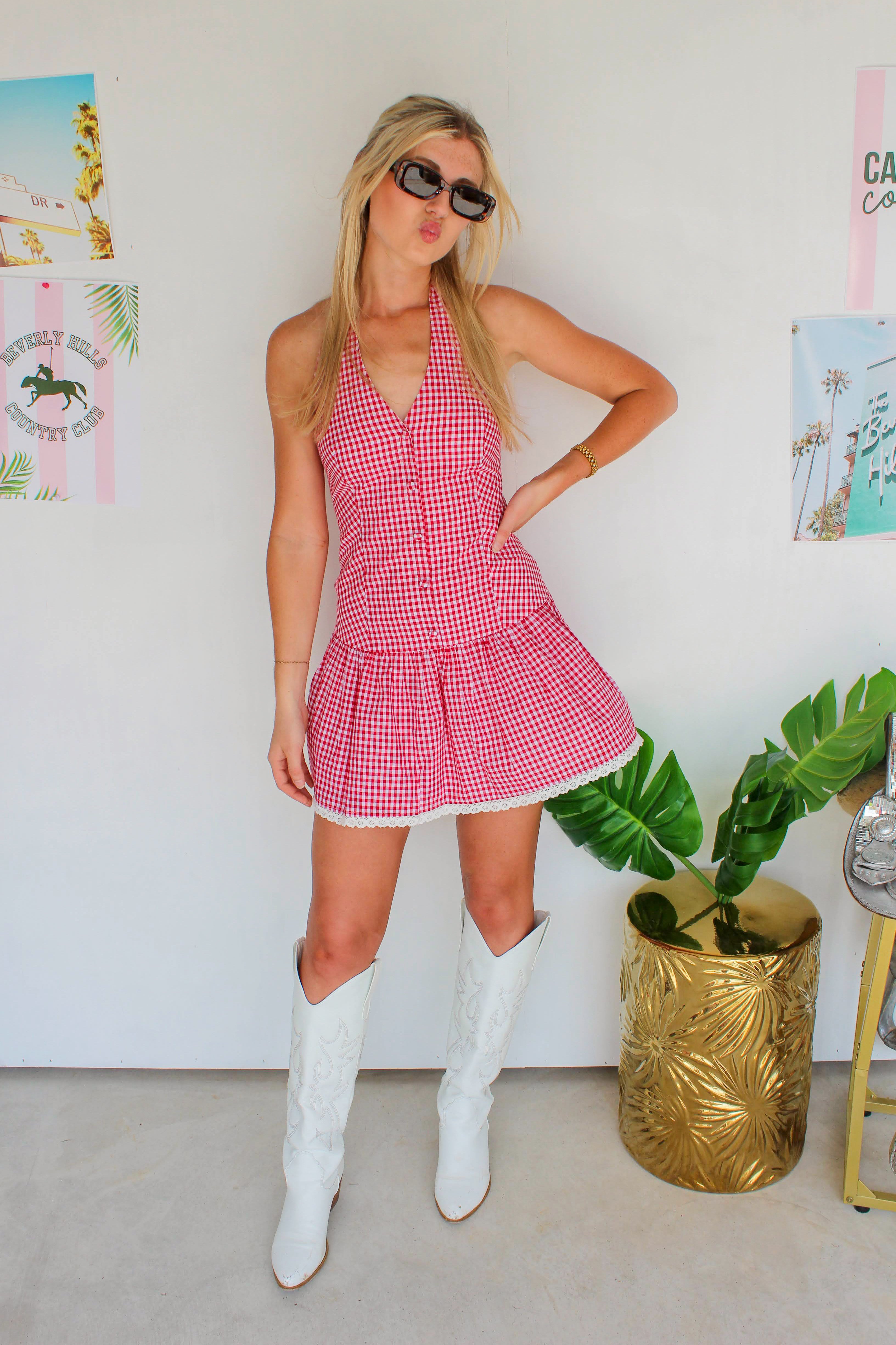 red gingham halter dress