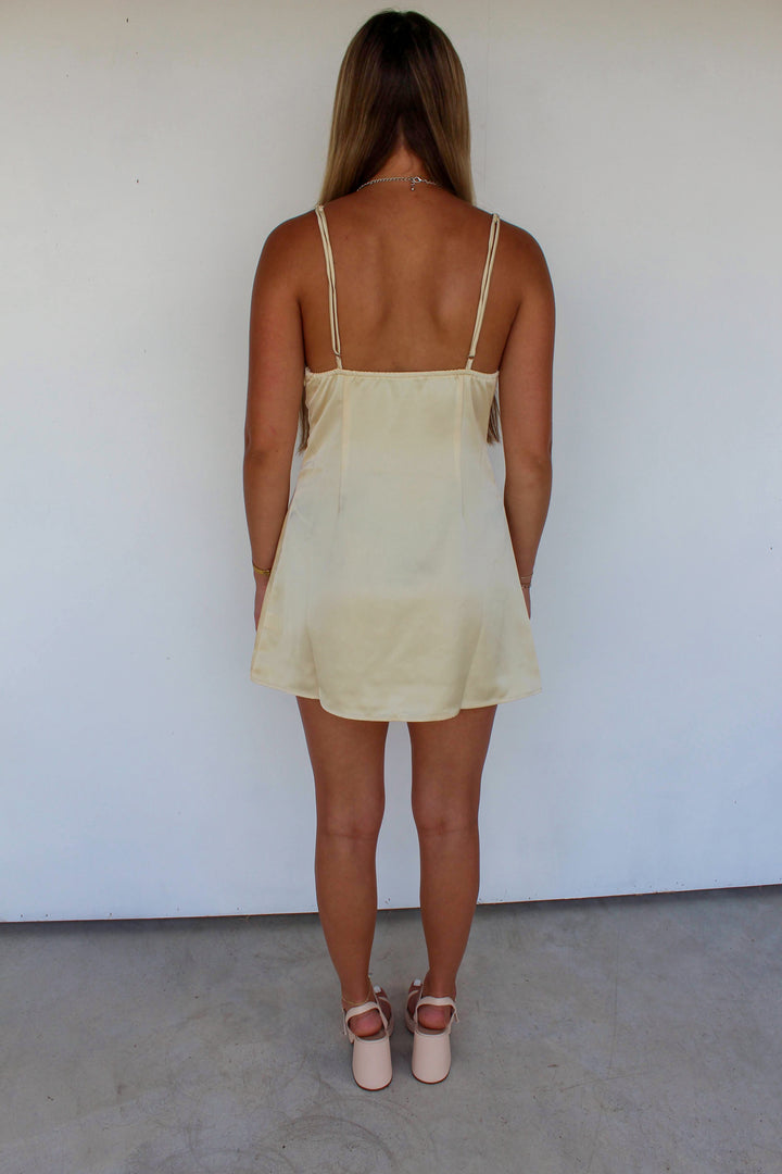Yellow Satin Mini Dress with Lace Trim