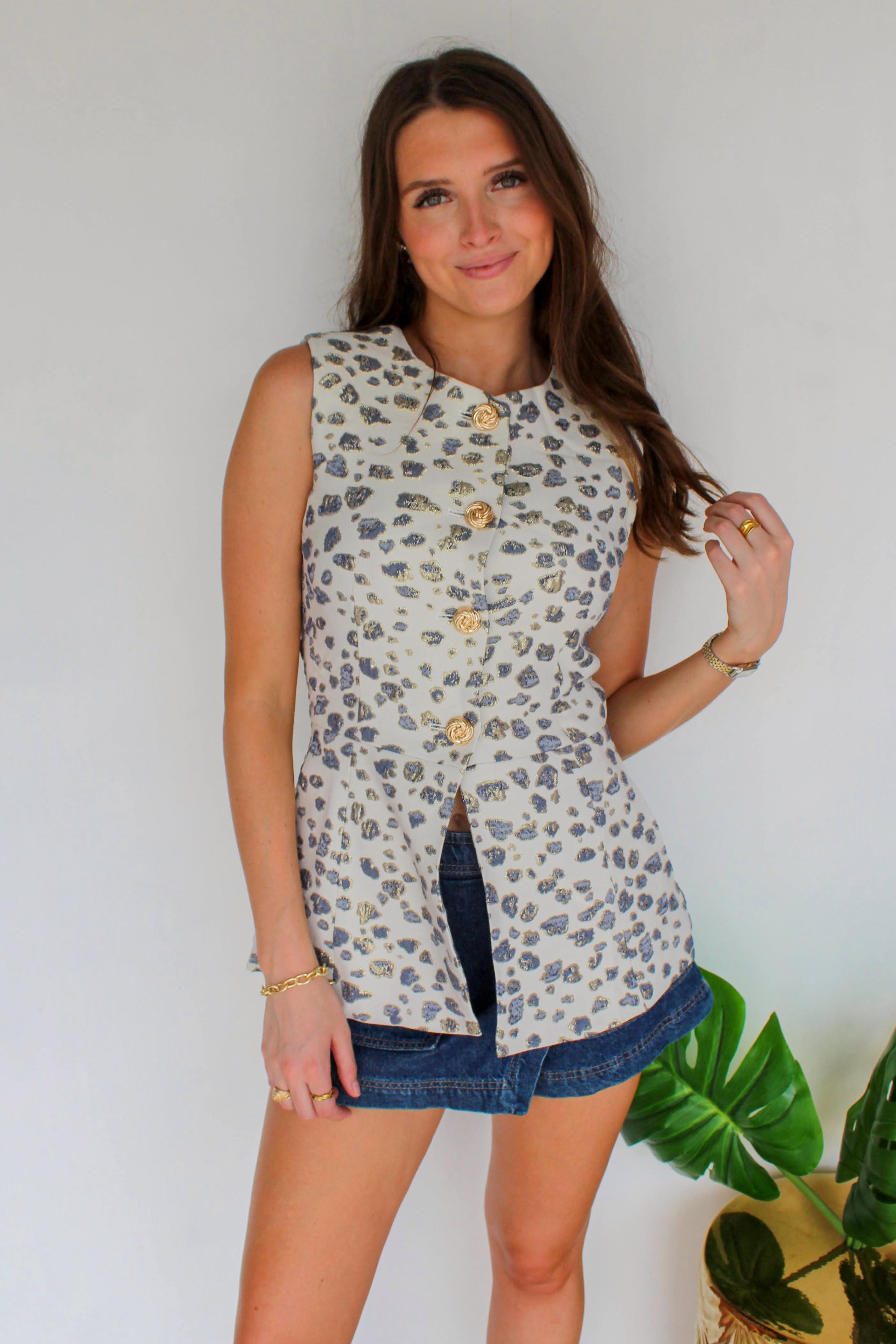navy and gold leopard vest