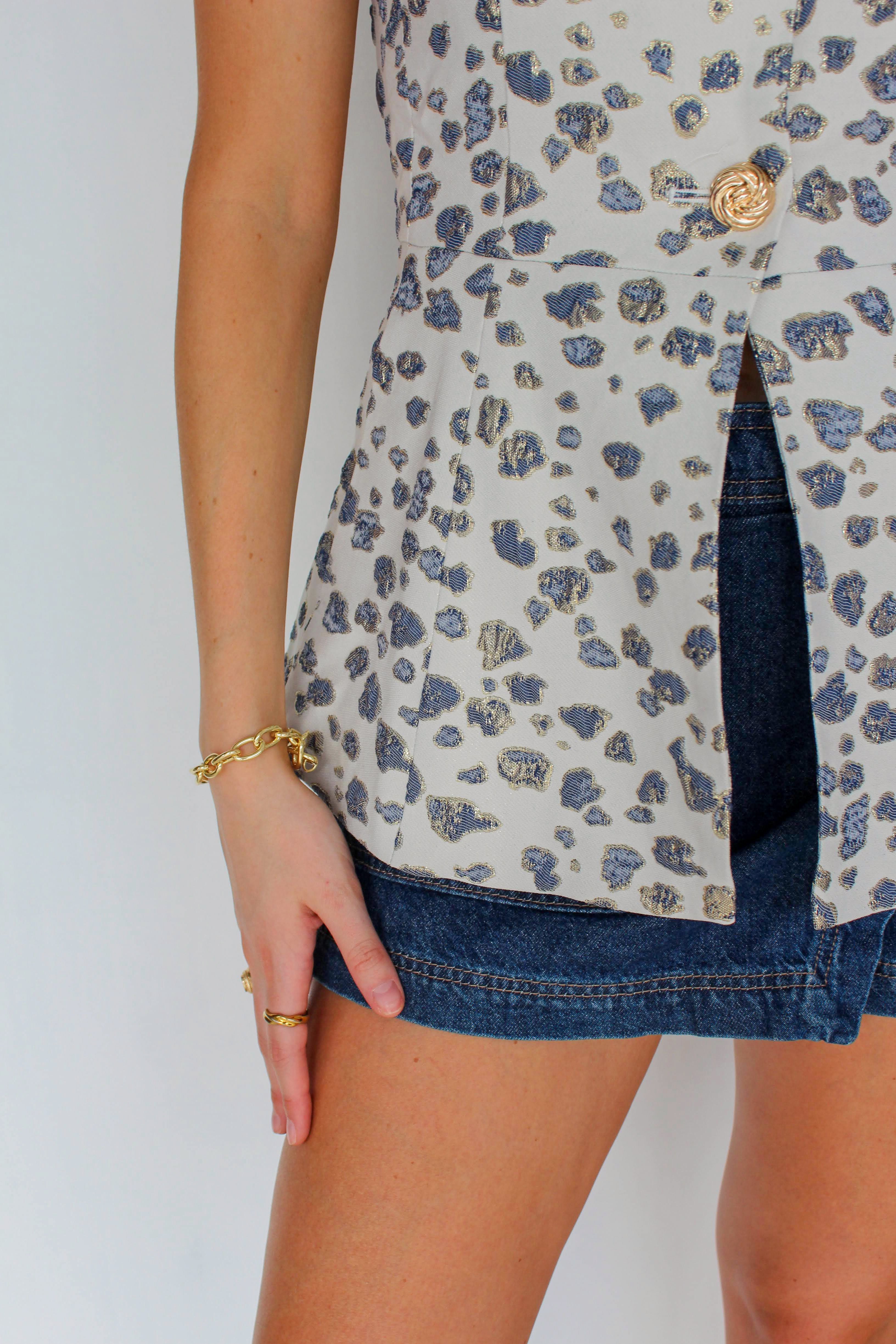 navy and gold leopard vest