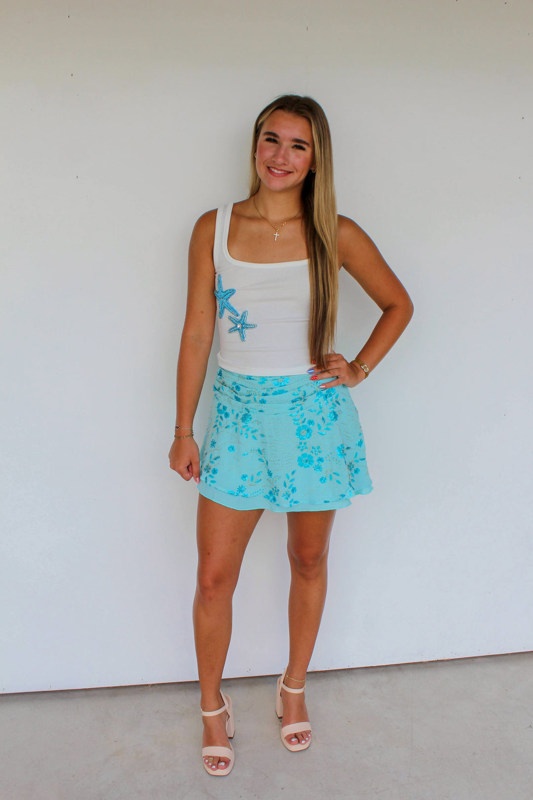 Starfish Beaded Tank Top in White