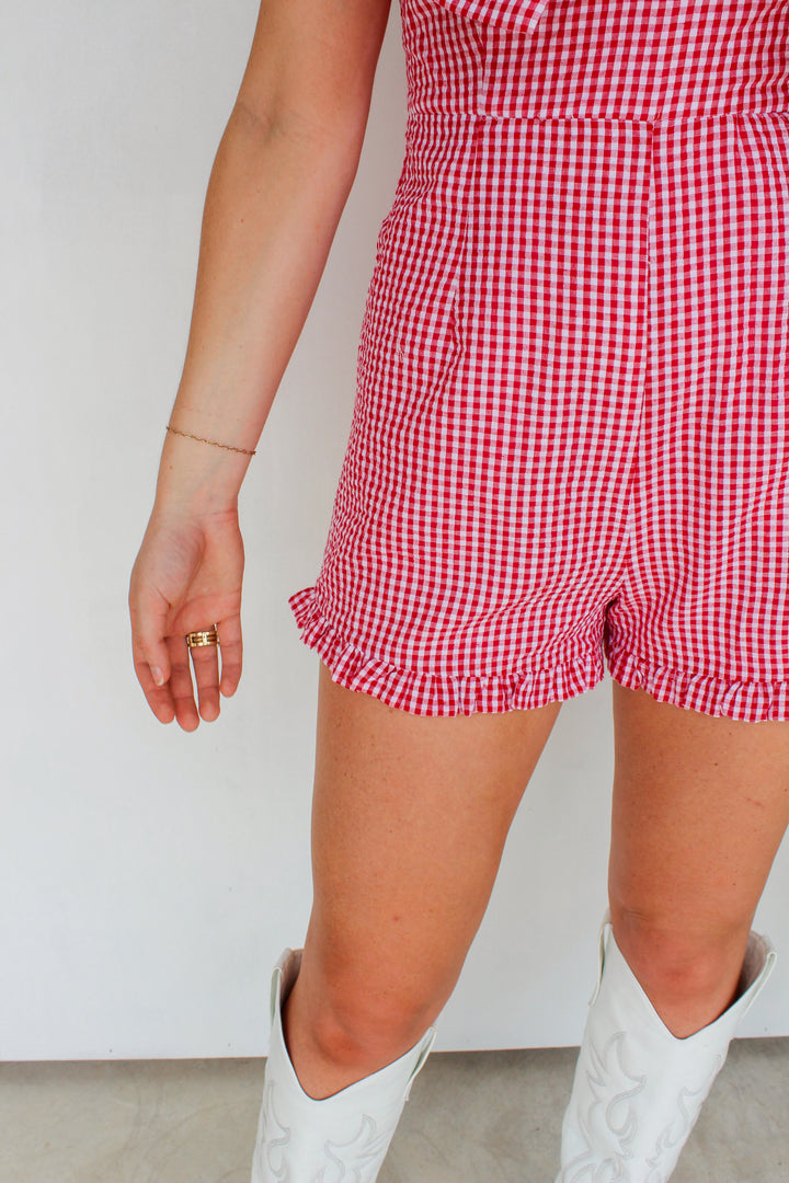 Strapless Bow Gingham Romper