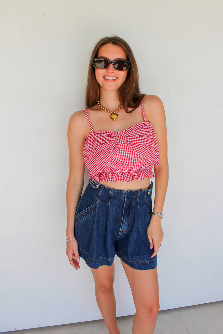 red gingham bow crop top