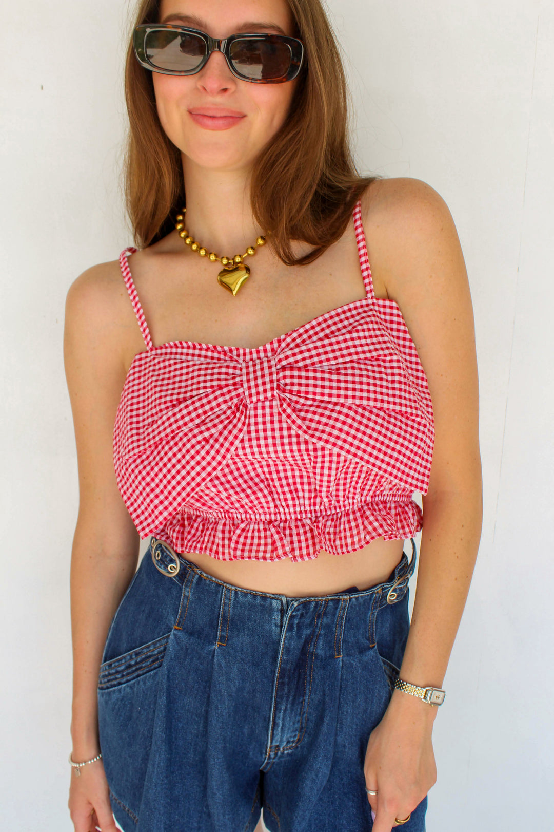 red gingham bow crop top