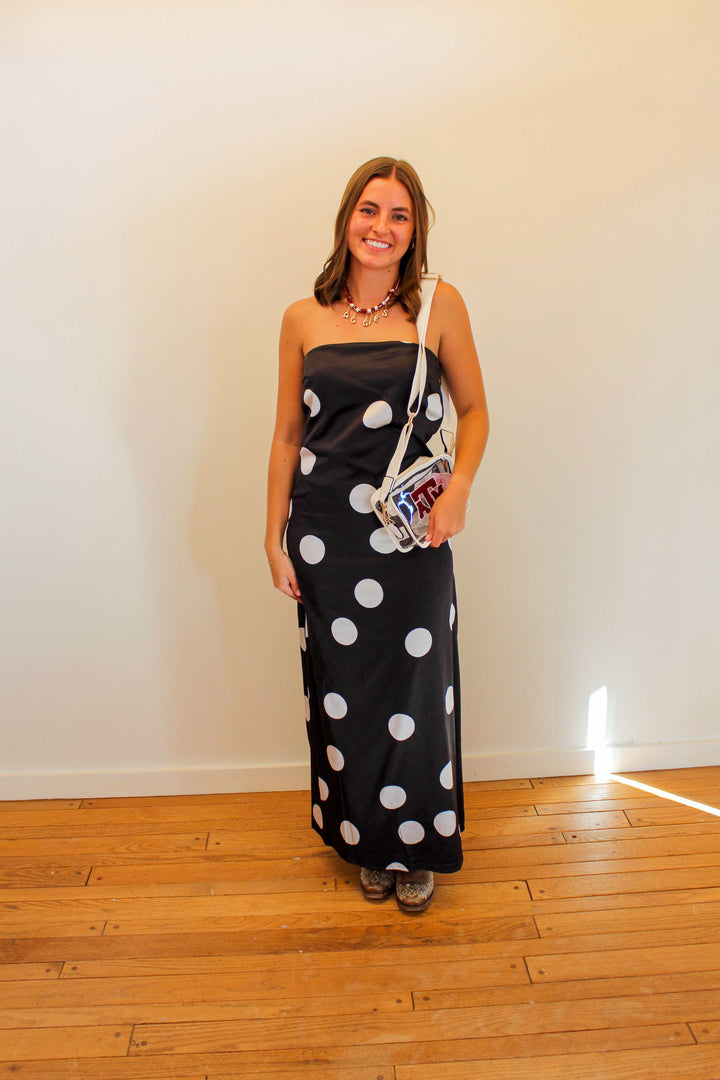 Black Polka Dot Strapless Maxi Dress