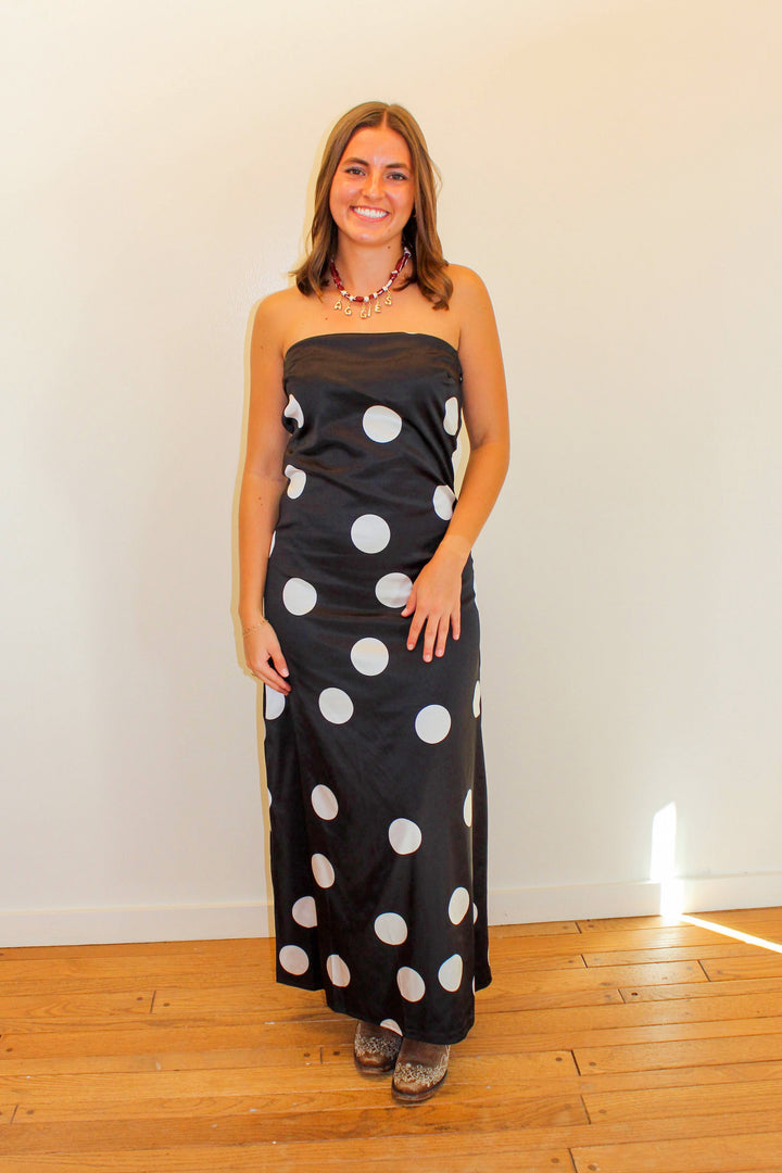 Black Polka Dot Strapless Maxi Dress