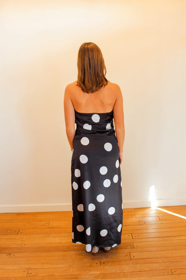 Black Polka Dot Strapless Maxi Dress