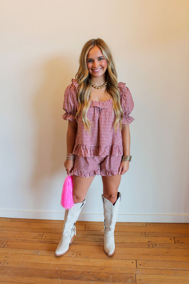 Maroon Gingham Frill Shorts