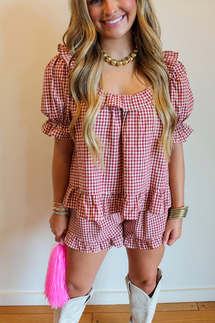 Maroon Gingham Frill Top