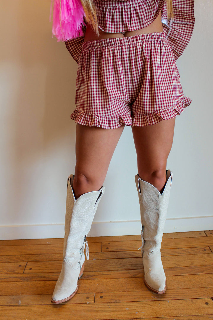 Maroon Gingham Frill Shorts