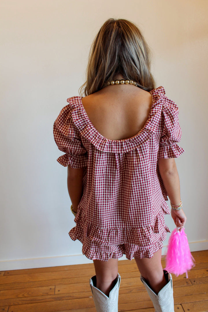 Maroon Gingham Frill Shorts