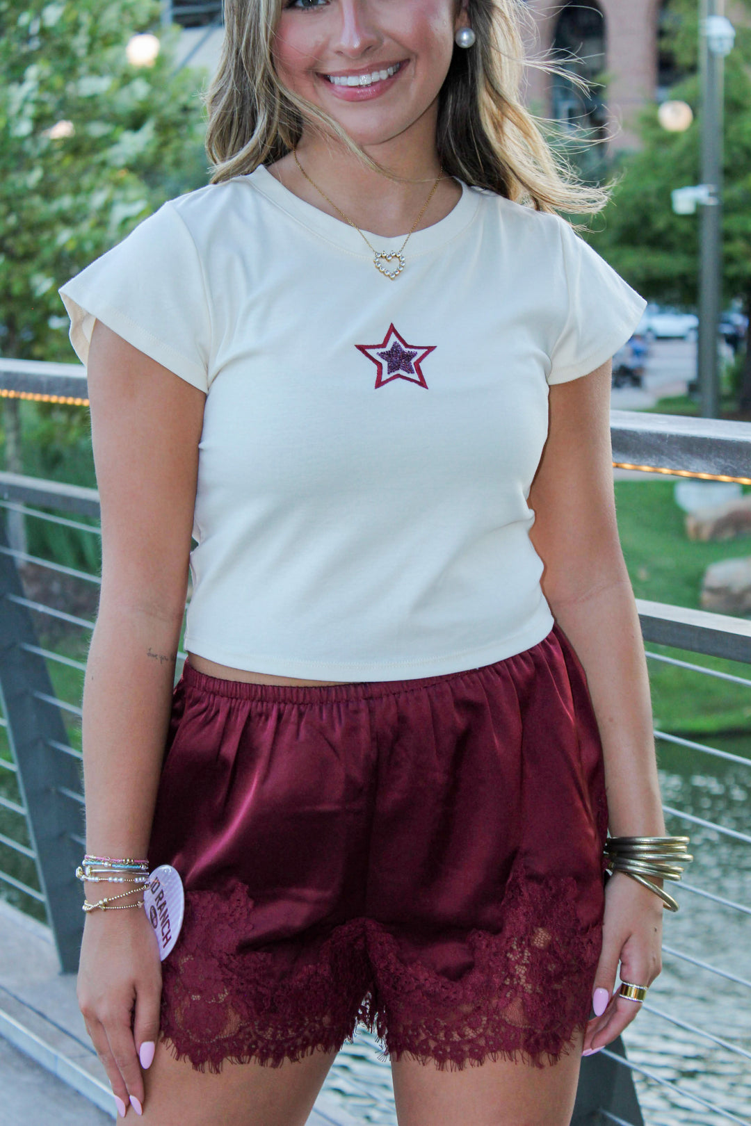 Maroon Lace Trim Satin Shorts