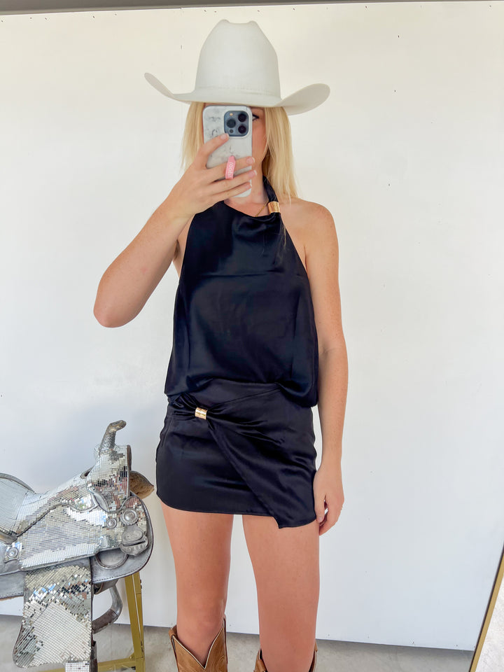 Black Satin Skirt Set