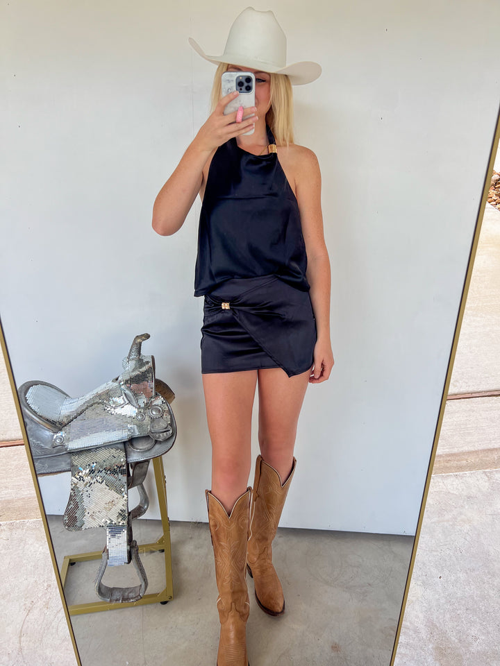 Black Satin Skirt Set