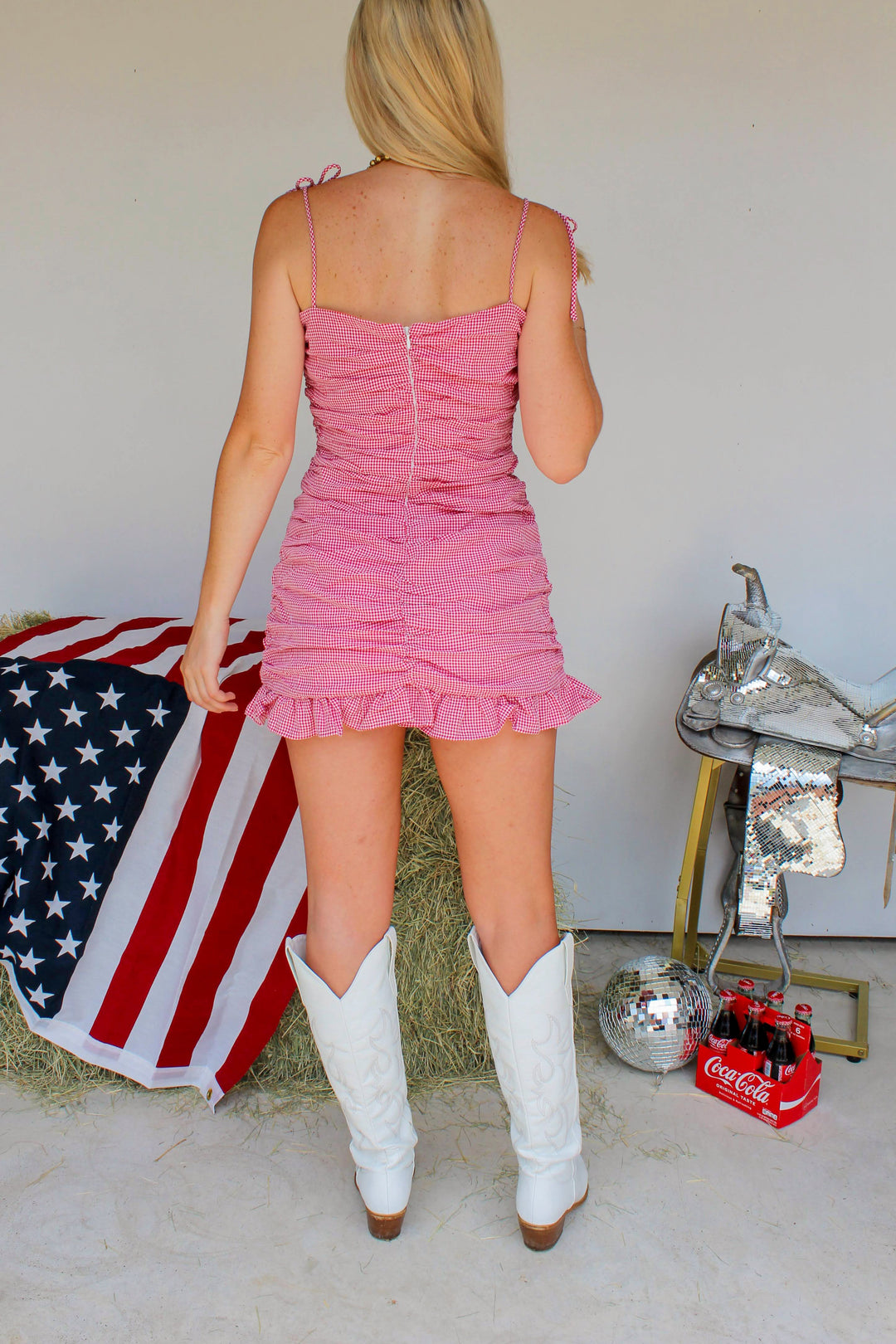 Red Gingham Ruched Dress