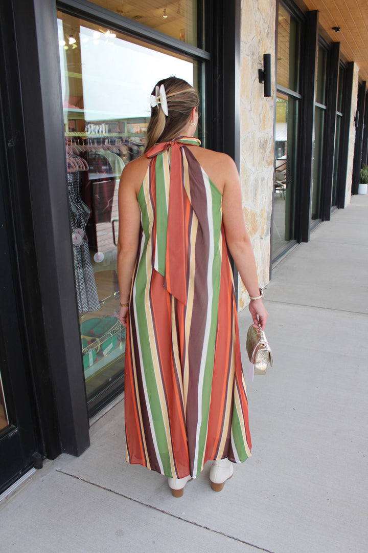 Back of striped halter maxi dress