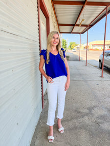 Short Sleeve Ruffle Blouse in Royal Blue - JD Ranch Boutique