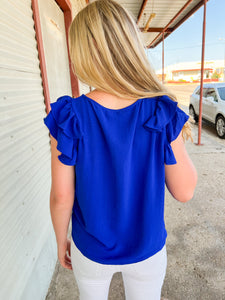 Short Sleeve Ruffle Blouse in Royal Blue - JD Ranch Boutique