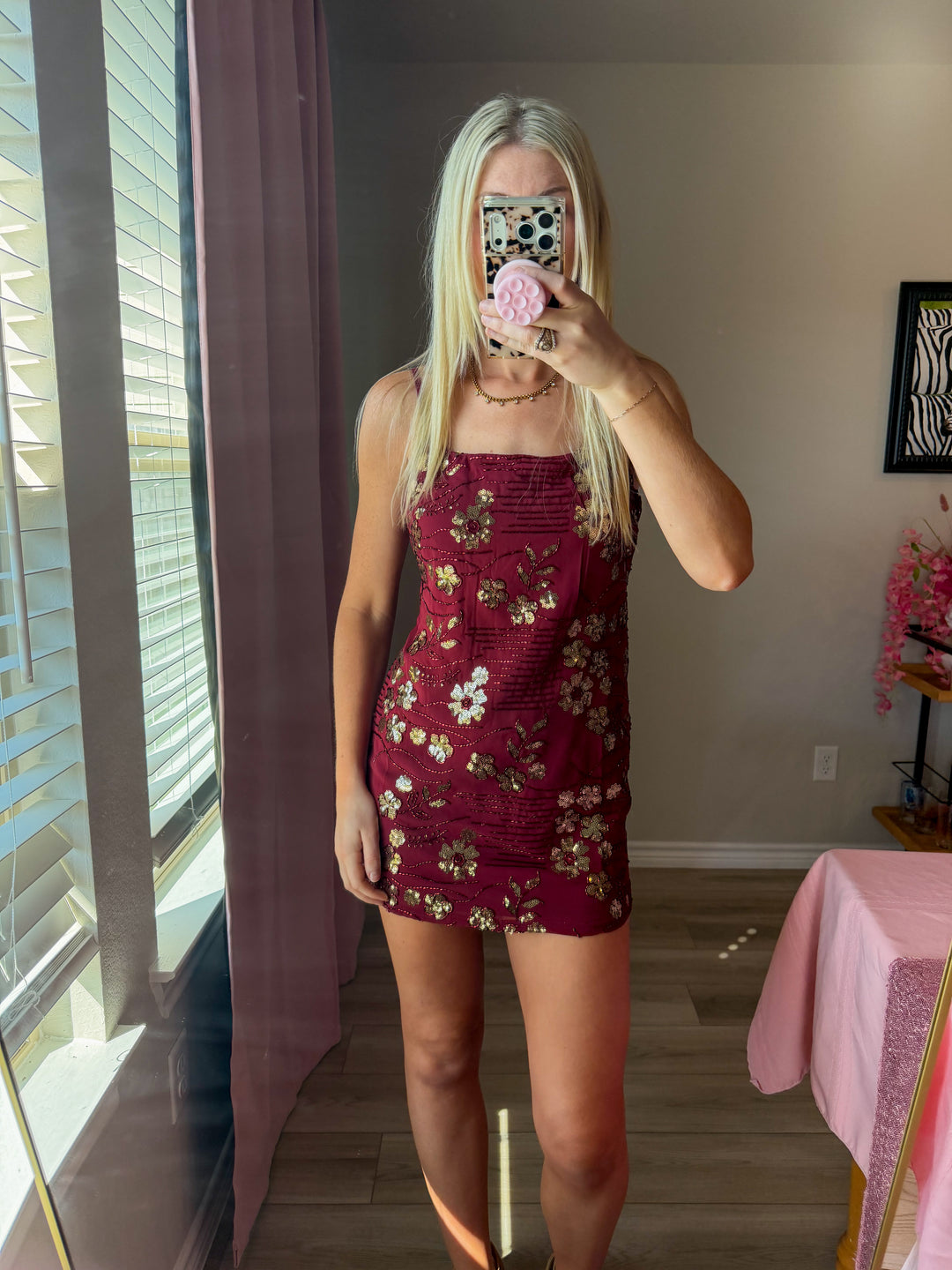Maroon and Gold Sequin Mini Dress